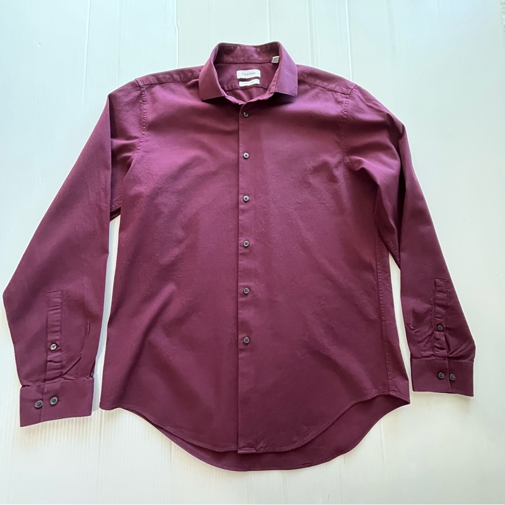 Calvin Klein Slim Fit Stretch Button Up Long Sleeve Shirt Burgundy Size 16 34/35